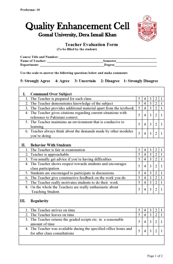 Teacher Evaluation Sample Form Evaluationform Net