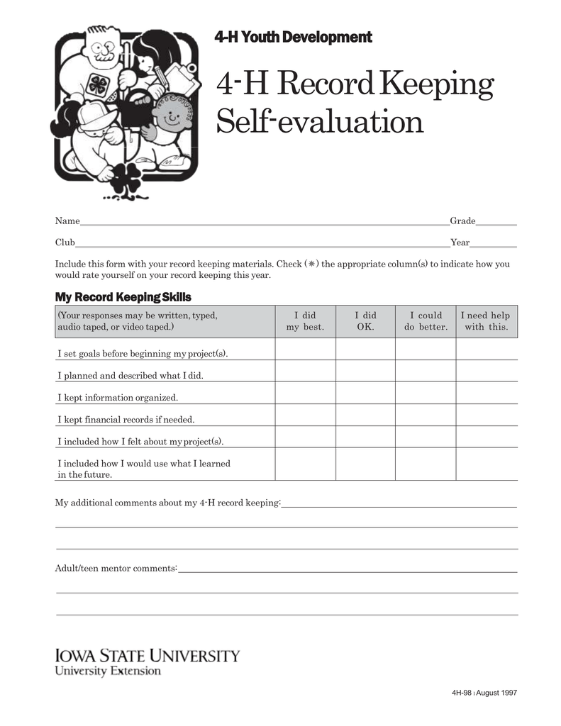 4 H Record Keeping Self evaluation 4 H Youth Development