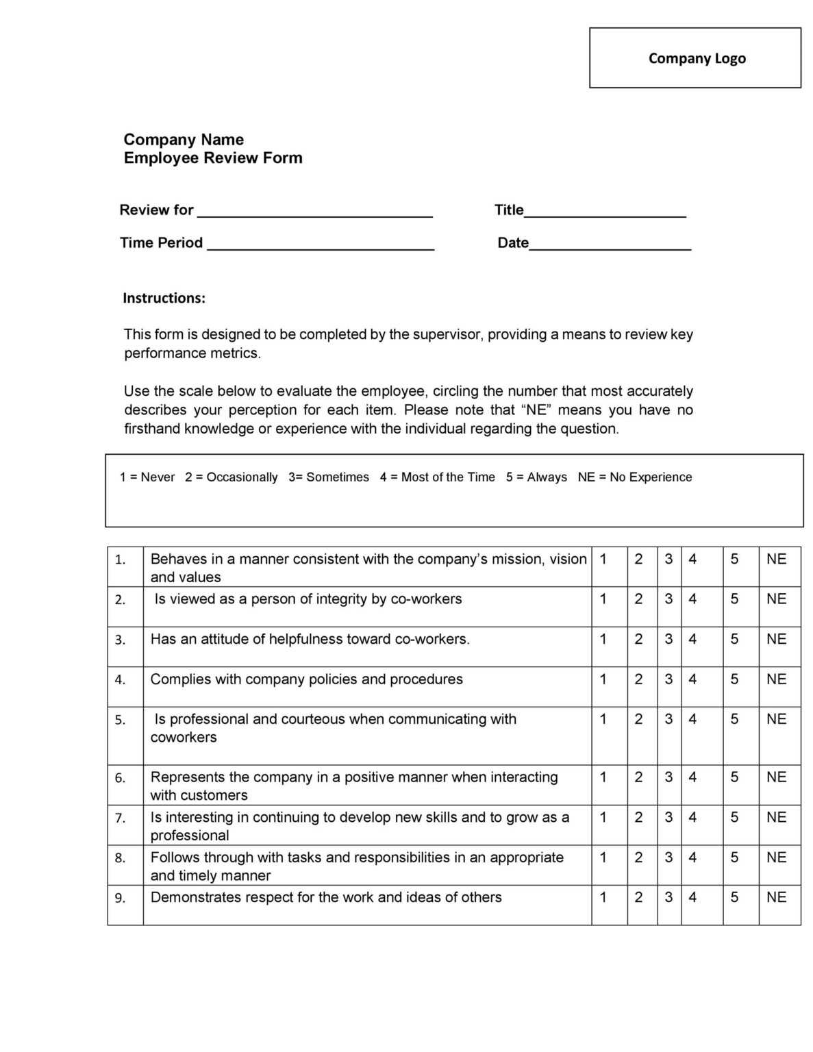 Employee Evaluation Form For Company Values EvaluationForm