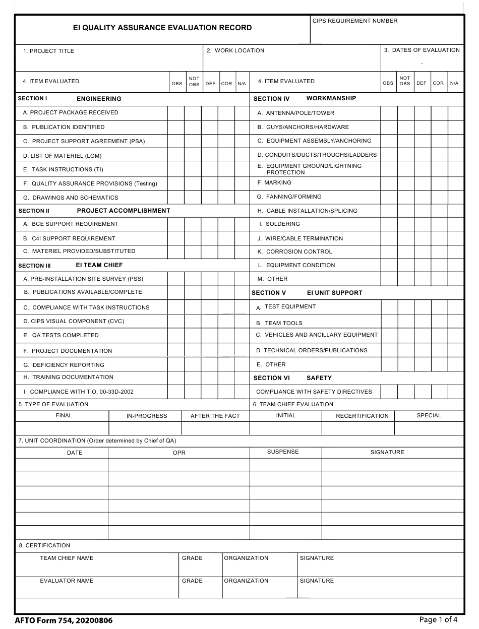 AFTO Form 754 Download Fillable PDF Or Fill Online Ei Quality Assurance 