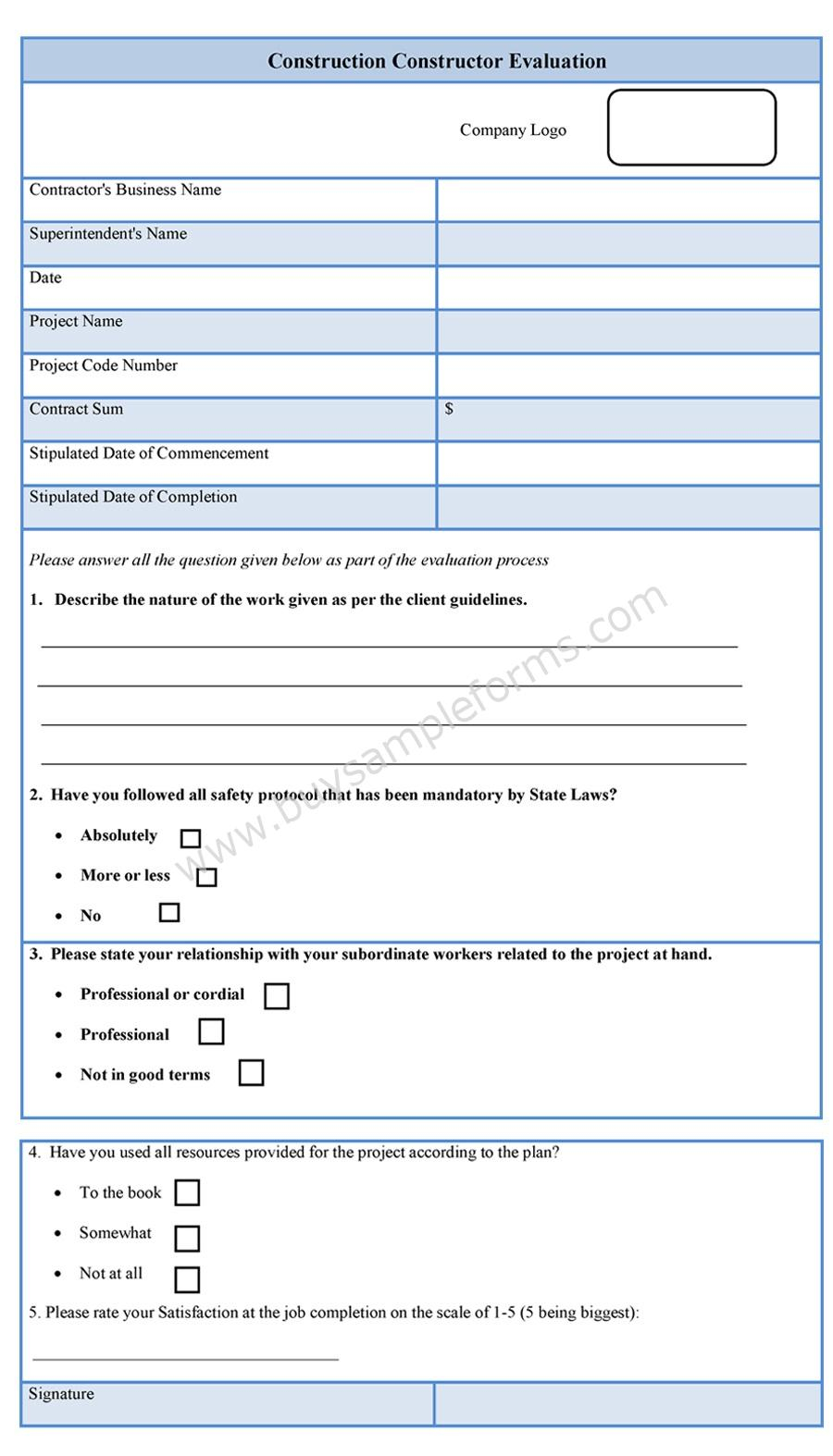 Construction Contractor Evaluation Form