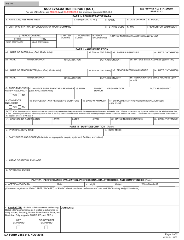 DA Form 2166 9 1 Download Fillable PDF Or Fill Online NCO Evaluation ...