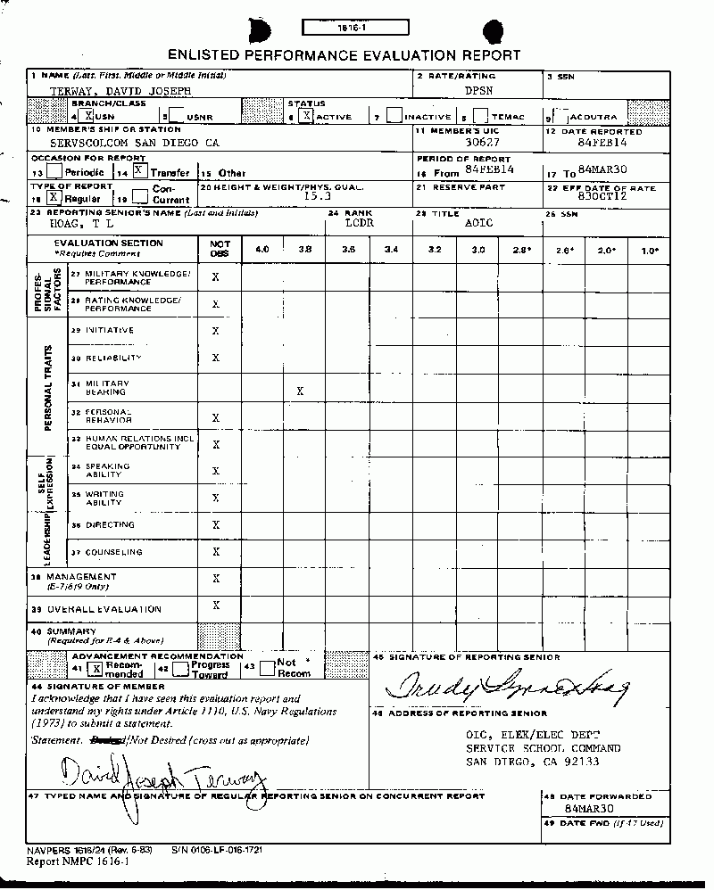 Enlisted Performance Evaluation Report 84FEB14 Through 84MAR30 Page