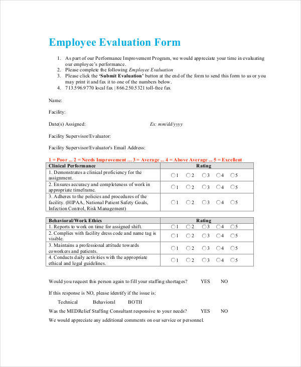 FREE 19 Employee Evaluation Form Samples Templates In PDF MS Word