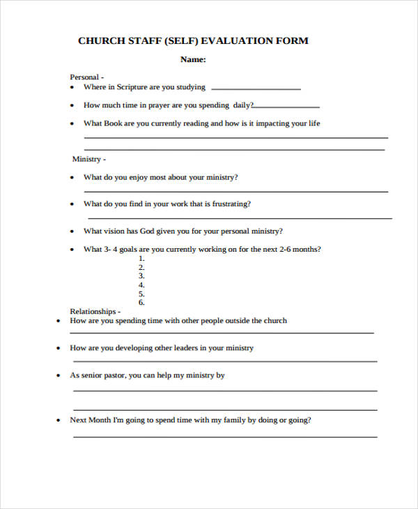 Church Staff Self Evaluation Forms EvaluationForm