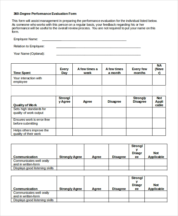 360 Evaluation Sample Forms EvaluationForm