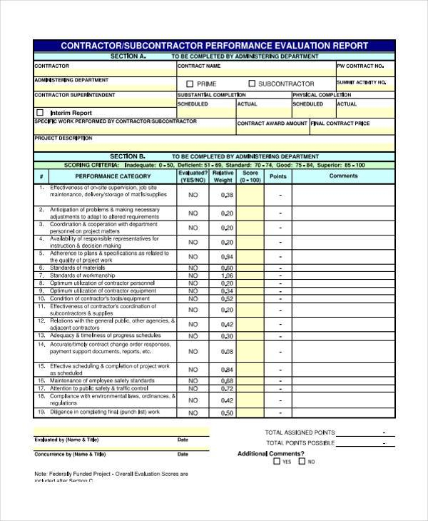 Contractor Safety Performance Evaluation Form EvaluationForm