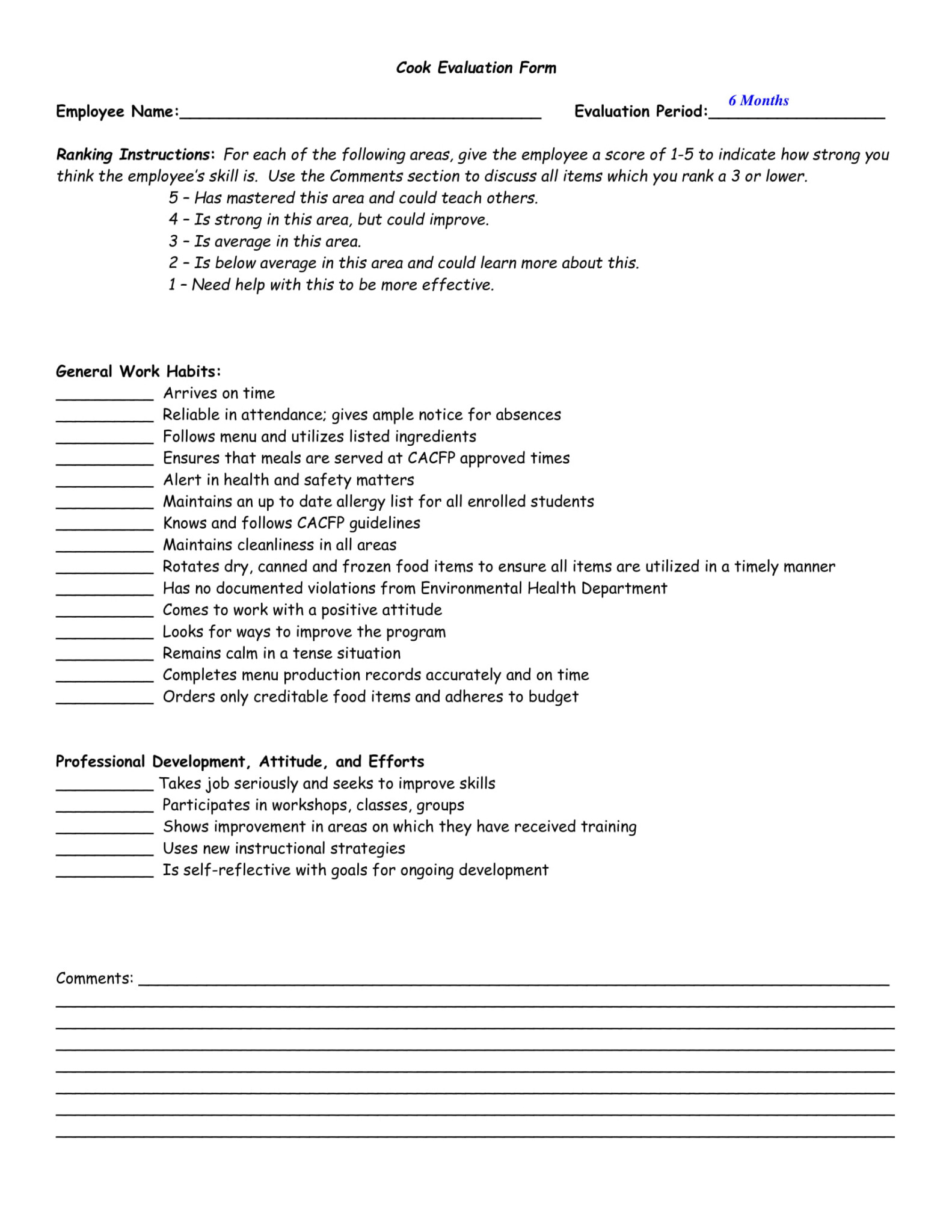 Free 7 Restaurant Employee Evaluation Forms In Pdf Ms Word 4576