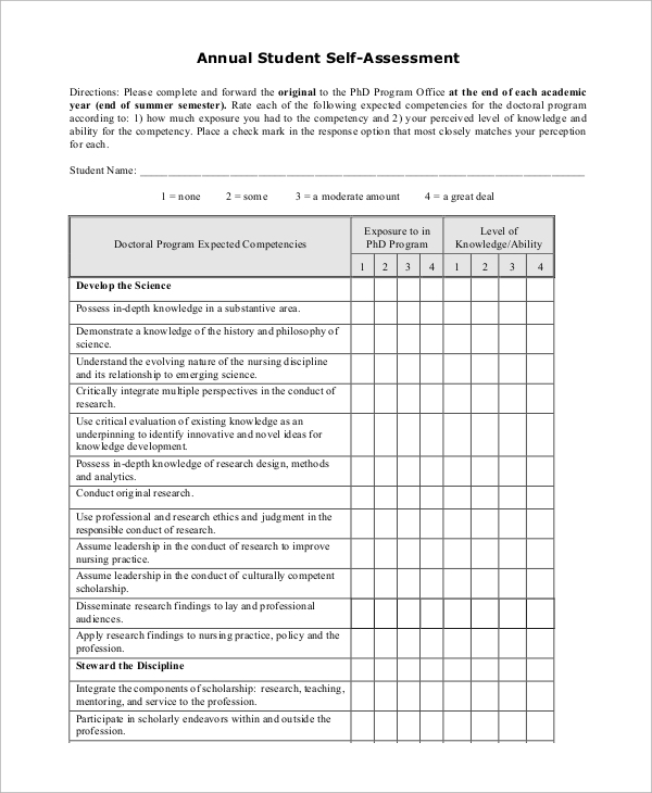 FREE 7 Sample Student Self Assessment Templates In PDF MS Word