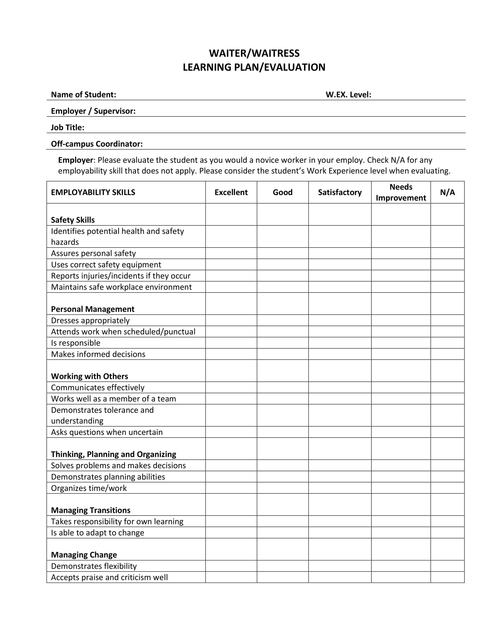 Restaurant Employee Performance Evaluation Form 2835