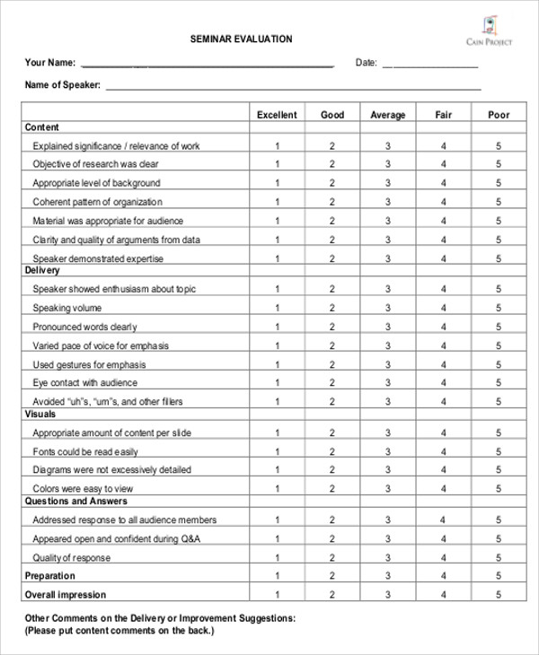 Sample Copies Of An Evaluation Form For Seminar Workshop 