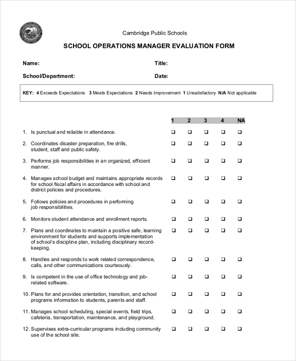 Free Basic Employee Evaluation Form Before And After School Program 