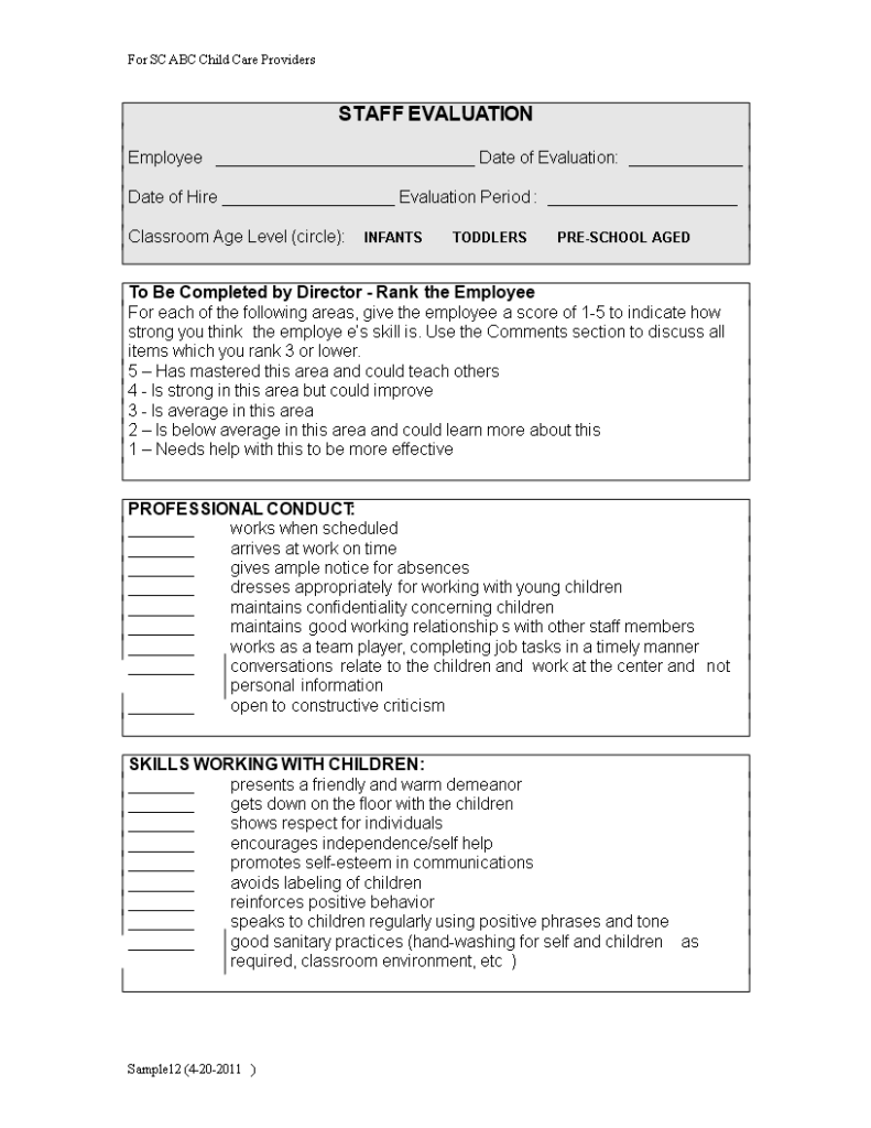 Free Child Care Employee Evaluation Form Templates At 