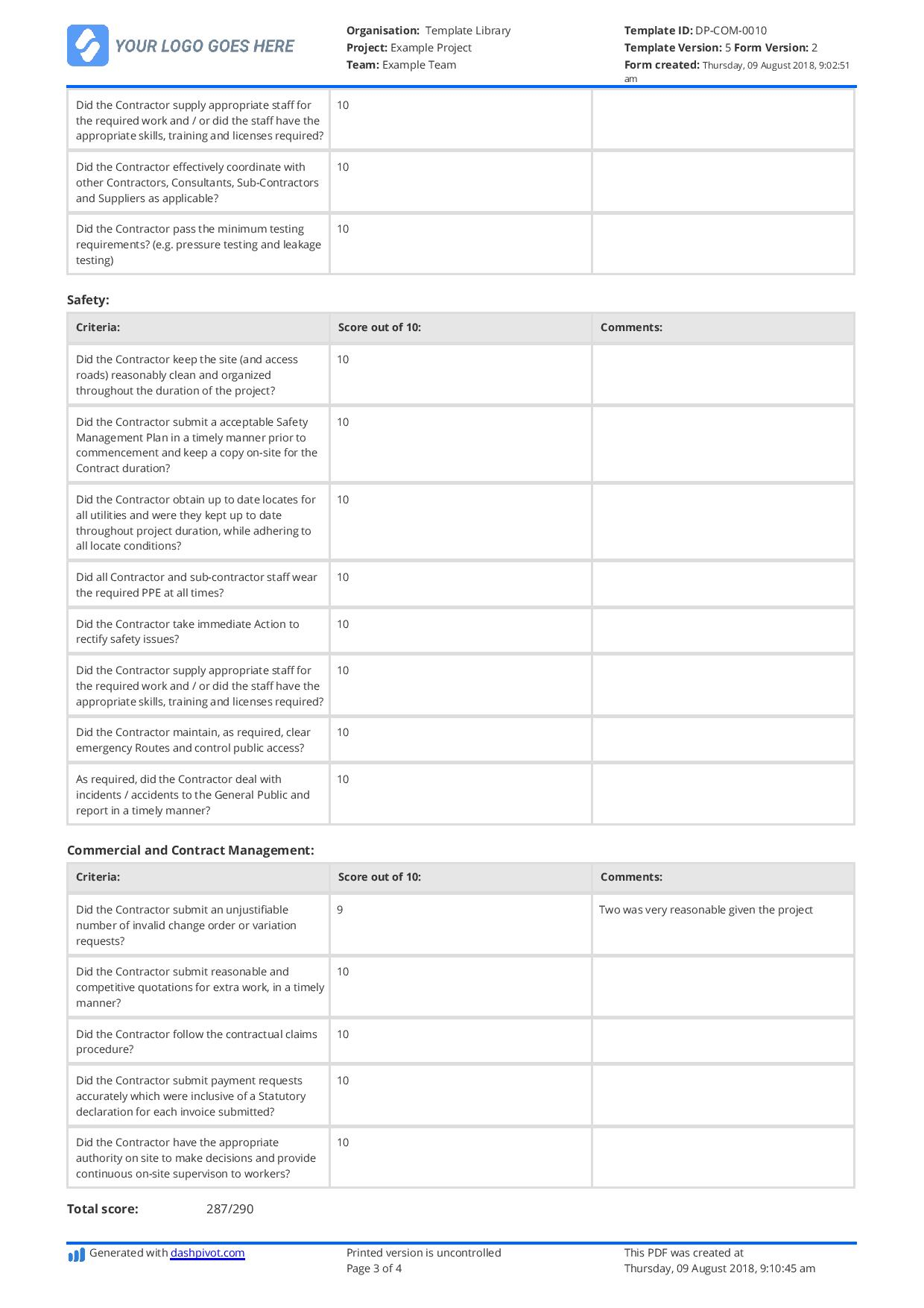 Free Contractor Performance Evaluation Template easily Editable 