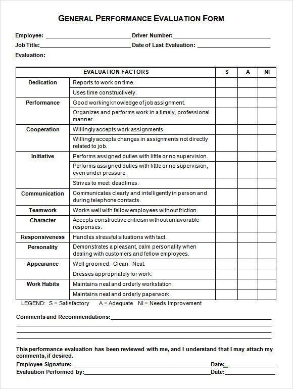 General Performance Evaluation Form Employee Evaluation Form 