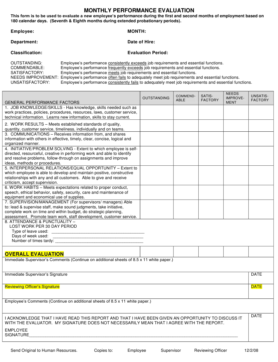 Monthly Performance Evaluation Form Download Printable PDF Templateroller