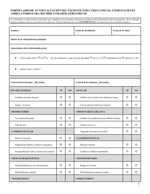 Patient Self assessment Form For Initial Primary Care