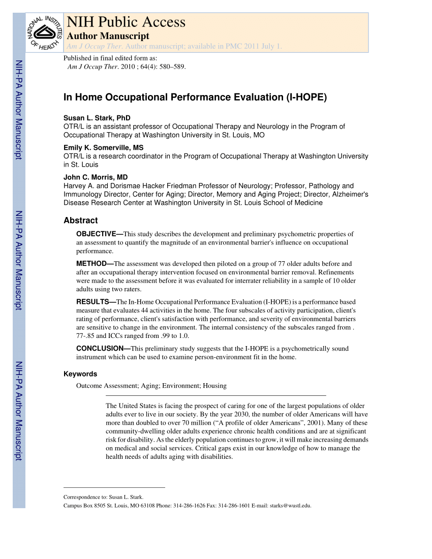 PDF In Home Occupational Performance Evaluation I HOPE
