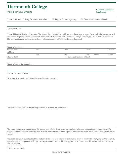 Peer Evaluation Form Dartmouth College