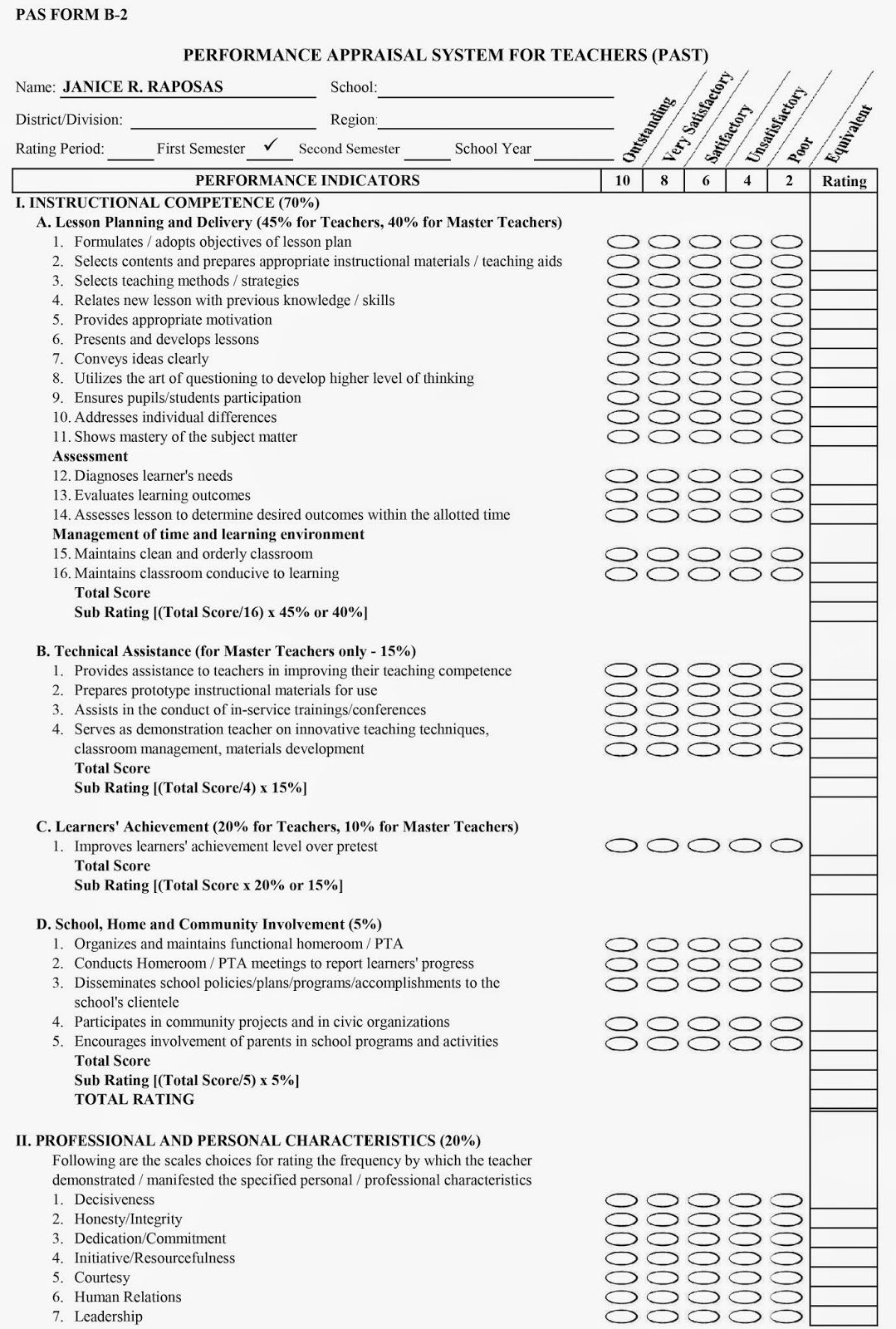 PERFORMANCE APPRAISAL SYSTEM FOR TEACHERS MASTER TEACHERS PAST 