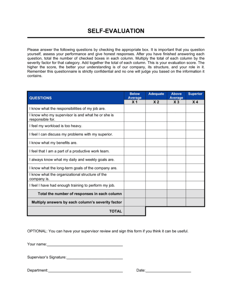 Receptionist Self Evaluation Form