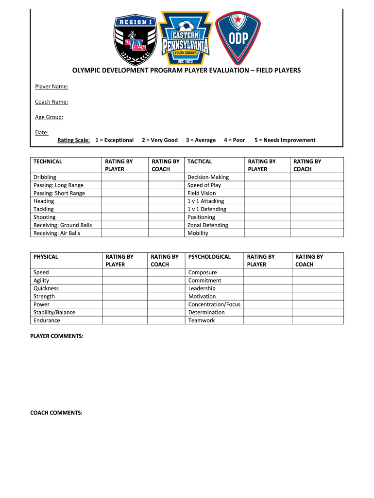 Soccer Player Evaluation Form Fill Online Printable Fillable Blank 