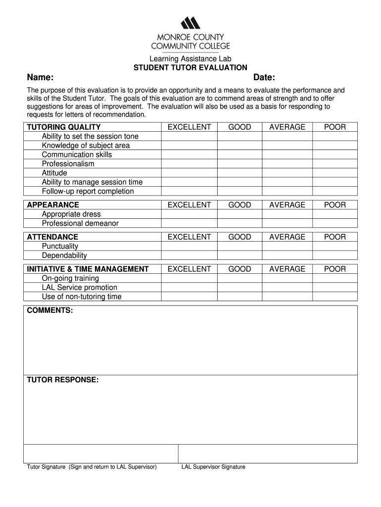 Tutor Evaluation Form Pdf Fill Online Printable Fillable Blank