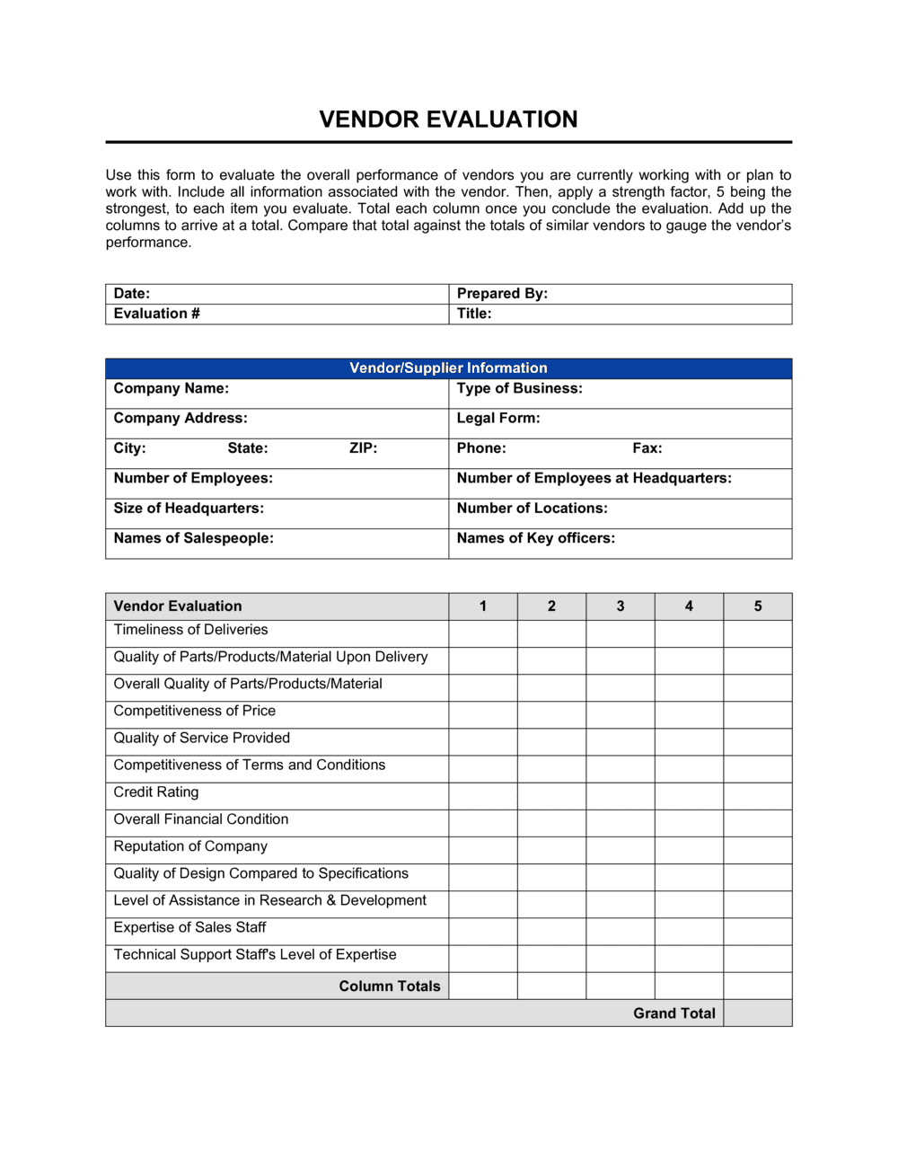 Vendor Evaluation Template By Business in a Box 